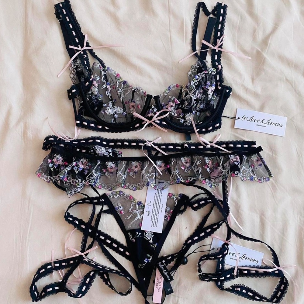 For Love And Lemons Black and Pink Lace Garter Belt set